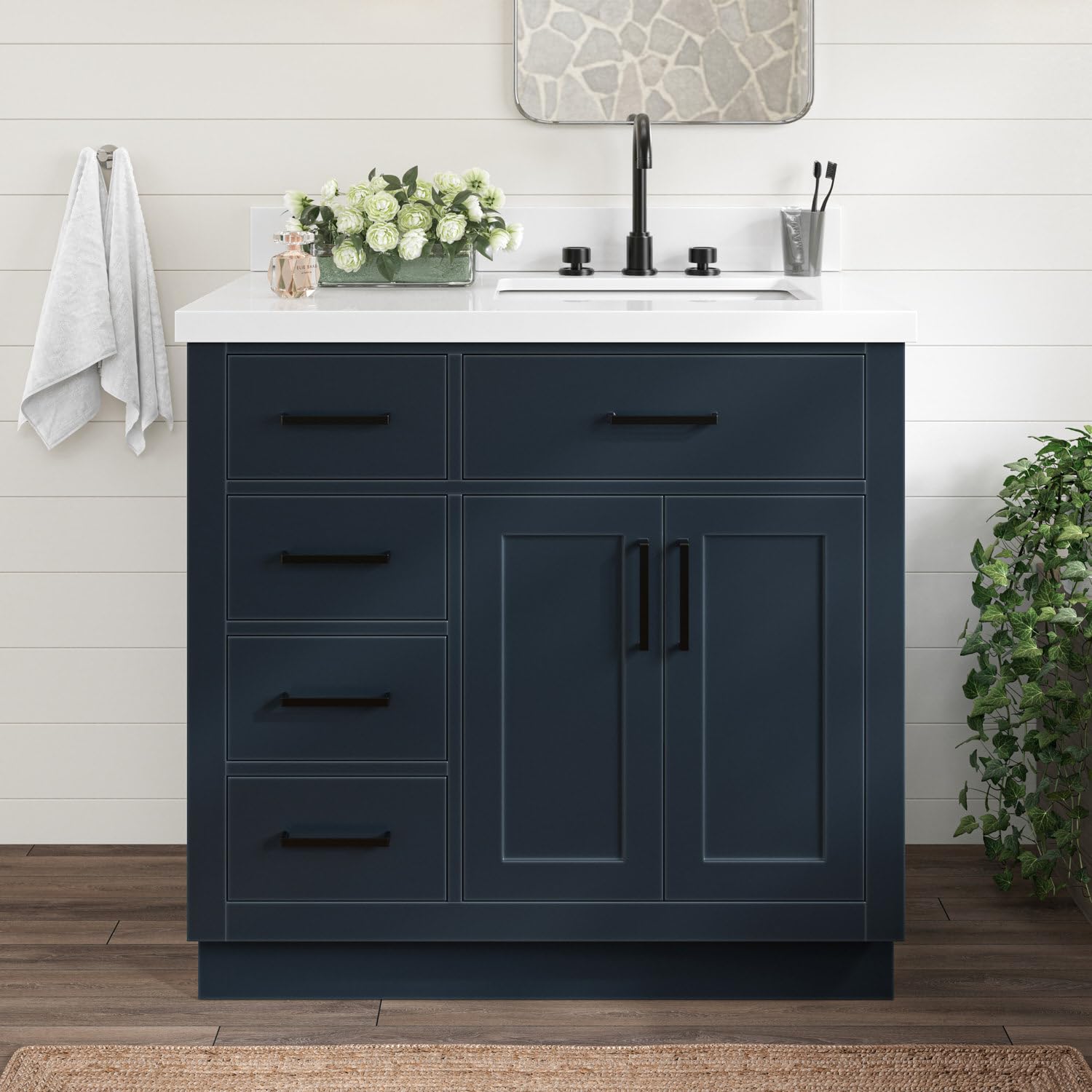 ARIEL Bathroom Vanity 37" Midnight Blue, 1.5" Edge Pure White Quartz Countertop & Splash, Rectangular Sink, 2 Soft Closing Doors, 5 Full Extension Dovetail Drawers, Toe Kick, Matte Black