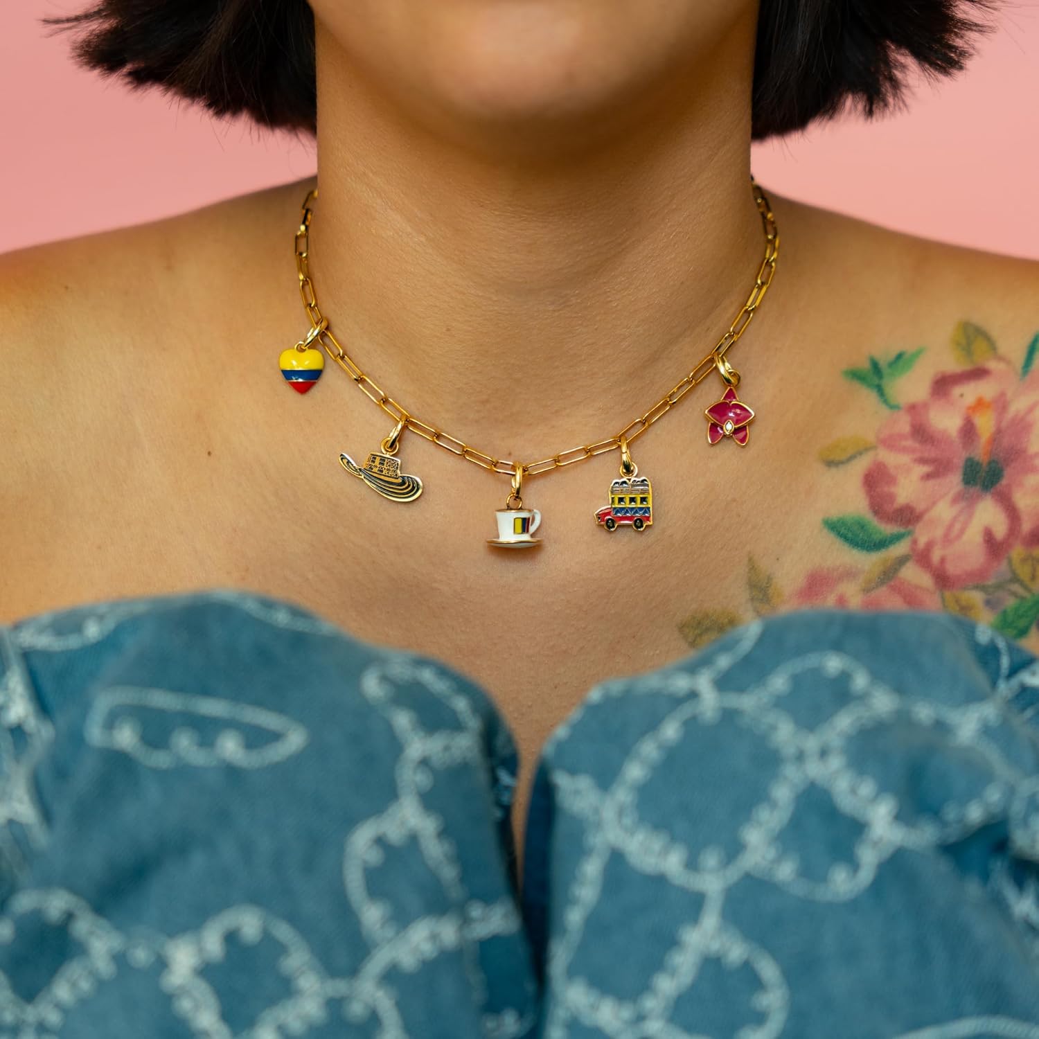SITOS Colombia Charm Collection Box | Mix-and-Match Charms & Bases | Stainless Steel 18K Gold Plated | 5 Charms + Necklace + Bracelet + 12mm Hoops (Gold, Gift box)