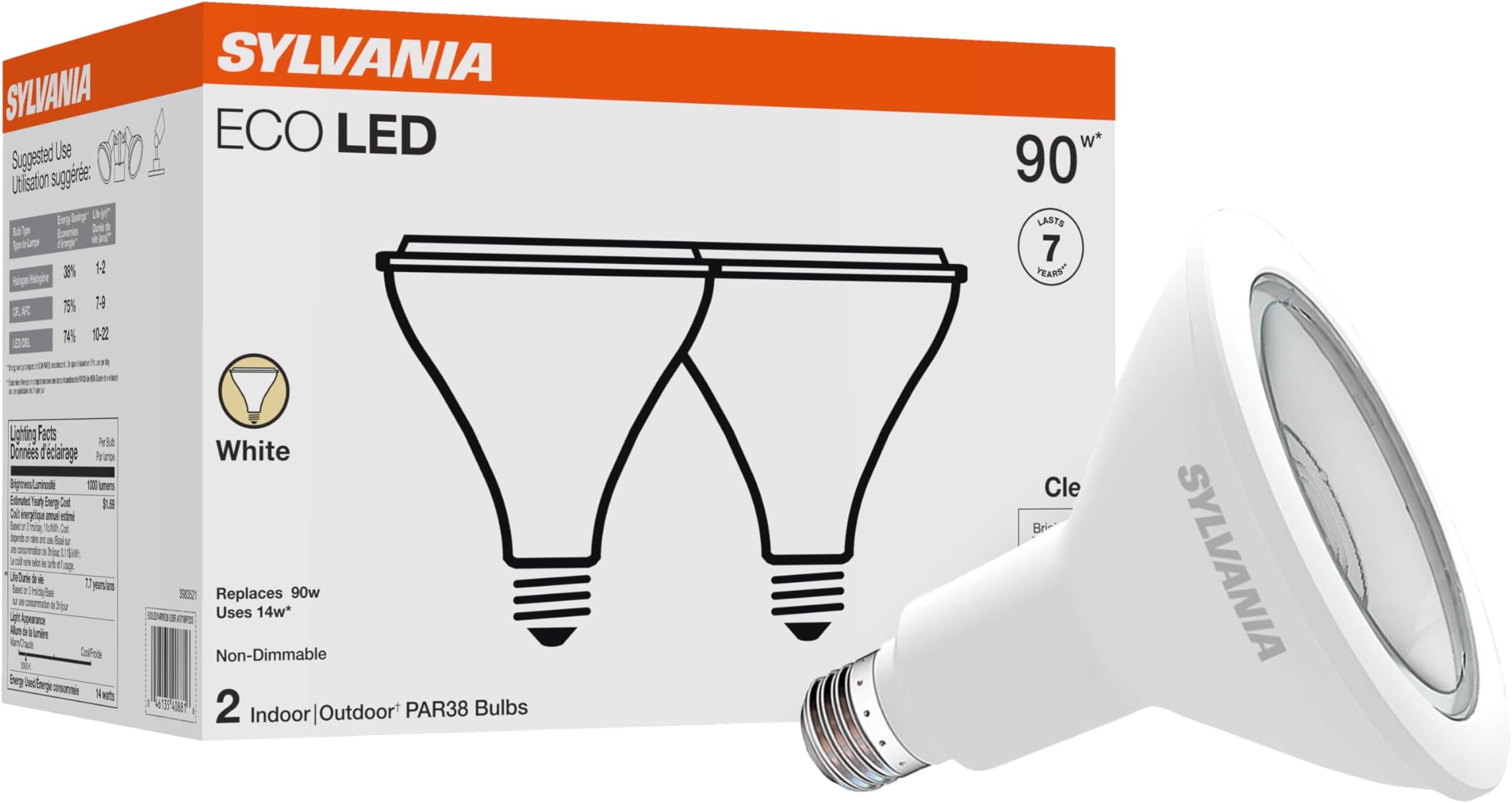 SYLVANIA LED PAR38 100W Equivalent, Efficient 14W, Color Temperature 3000K, 2 Pack, white
