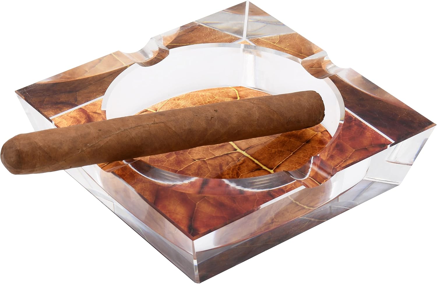 Tobacco Leaf Print Crystal Cigar Ashtray, For 4 Cigars, 3D Leaf Design, Custom Gift Box