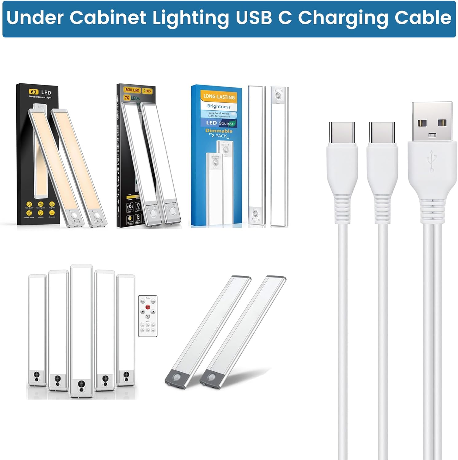 Under Cabinet Lighting USB C Charging Cable, Charger for MCGOR Motion Sensor Light Indoor, with Power Adapter