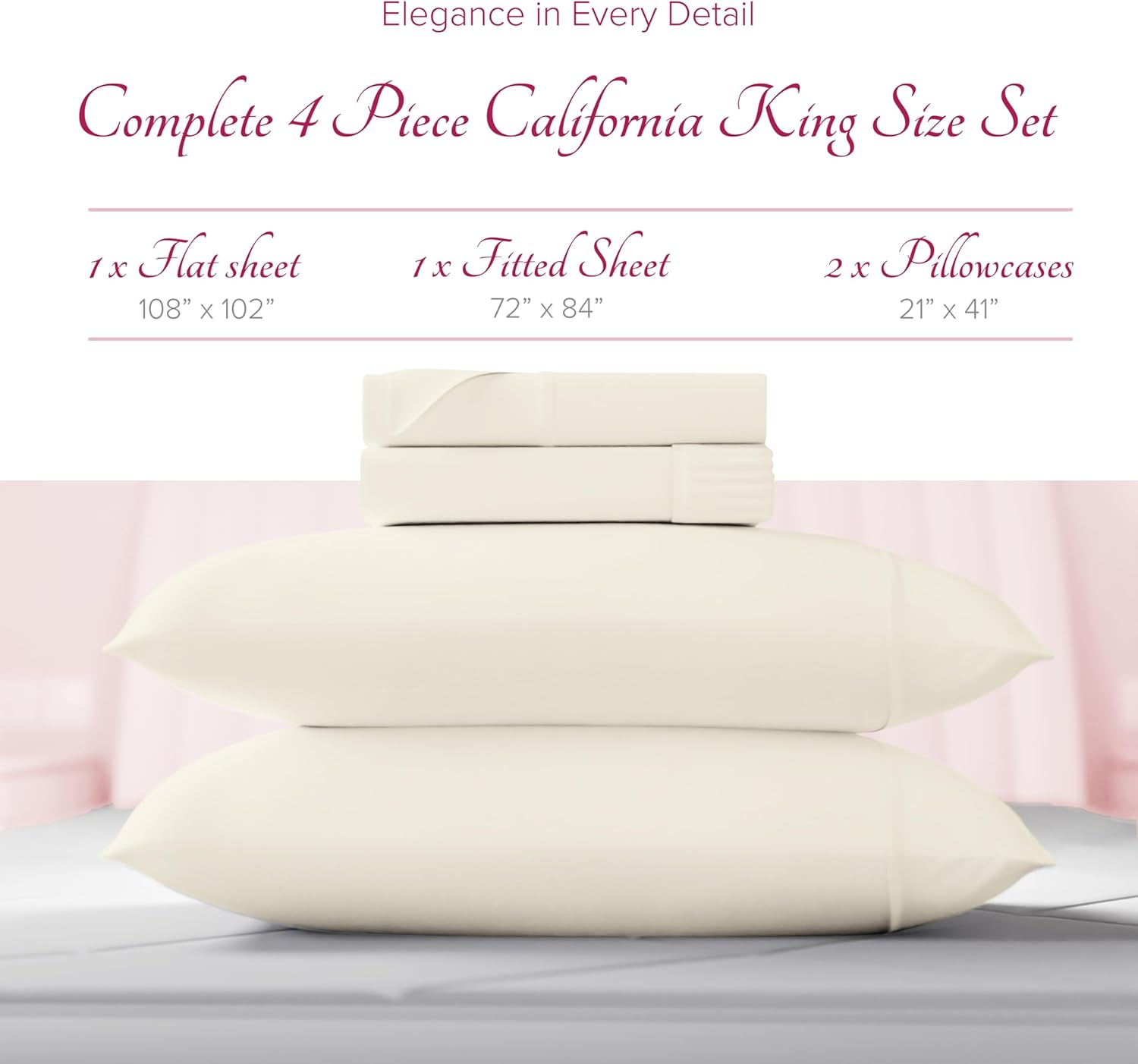 Carressa Linen 100% Egyptian Cotton Sheets California King Size - 1200 Series Rose Collection Cal King Sheets (4 PC, Ivory), Silky Soft, Cooling, Sateen Weave 17" Deep Pocket Hotel Bed Set