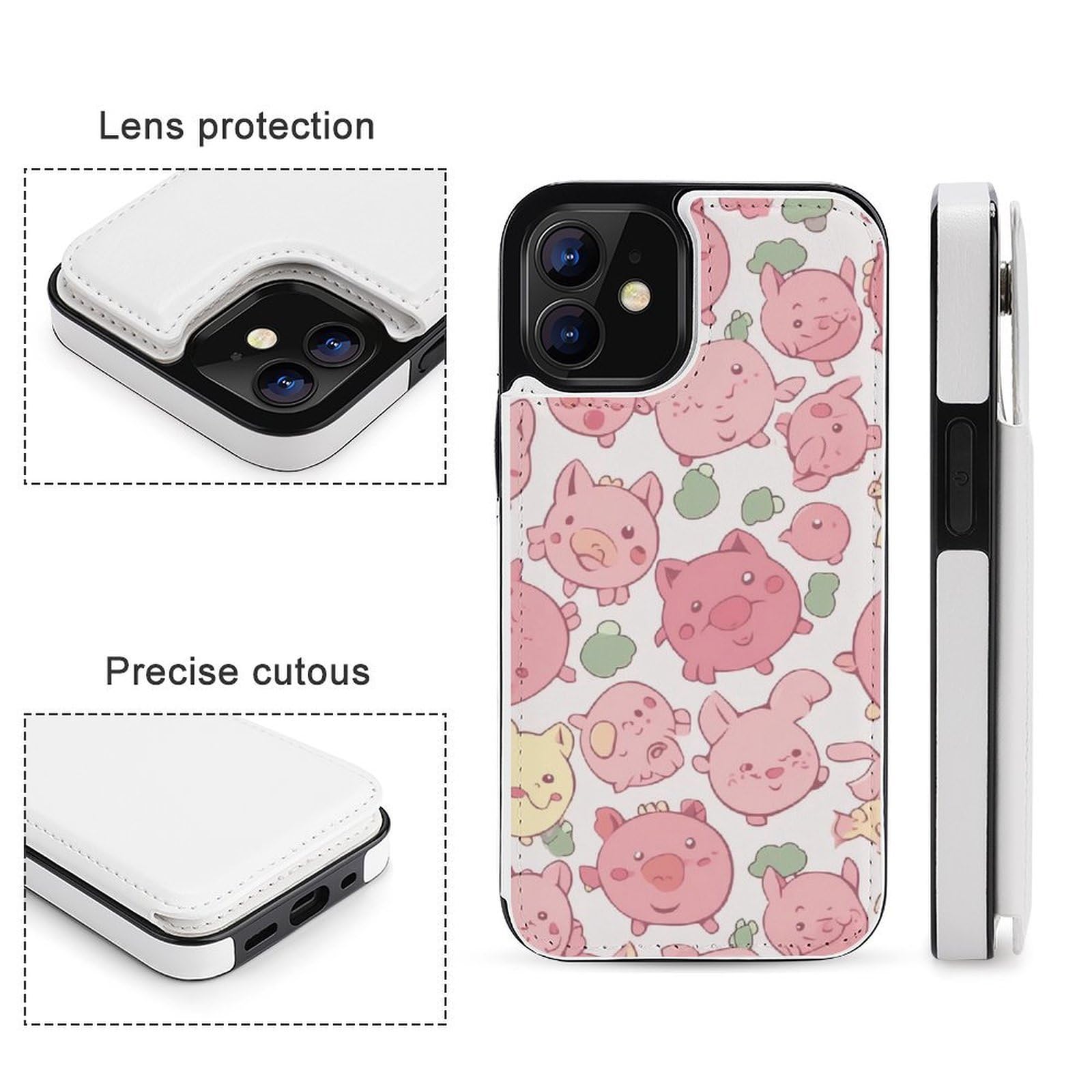 Fundas tipo cartera para iPhone 12, diseño de cerdos de dibujos animados, funda de piel con ranuras para tarjetas