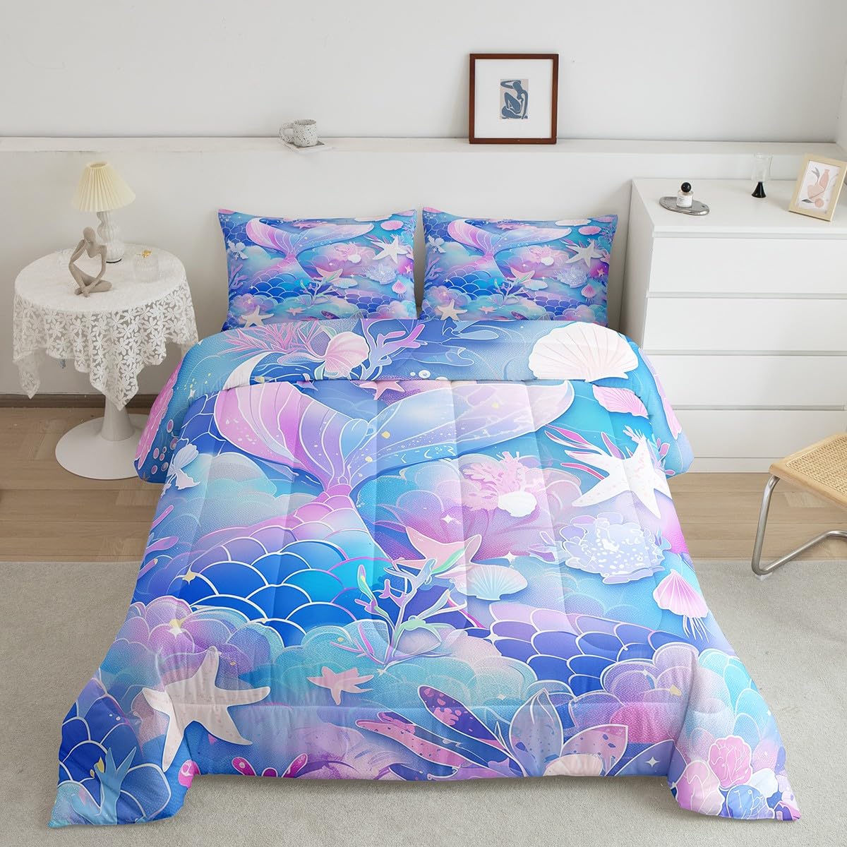 Juego de ropa de cama de sirena suave tamaño matrimonial con edredón morado infantil