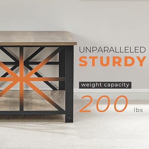 Miniatura 32 de GreenForest Mesa auxiliar con esquina redonda, mesa central de granja con estante de almacenamiento de 2 niveles, diseño de marco en X para sala de