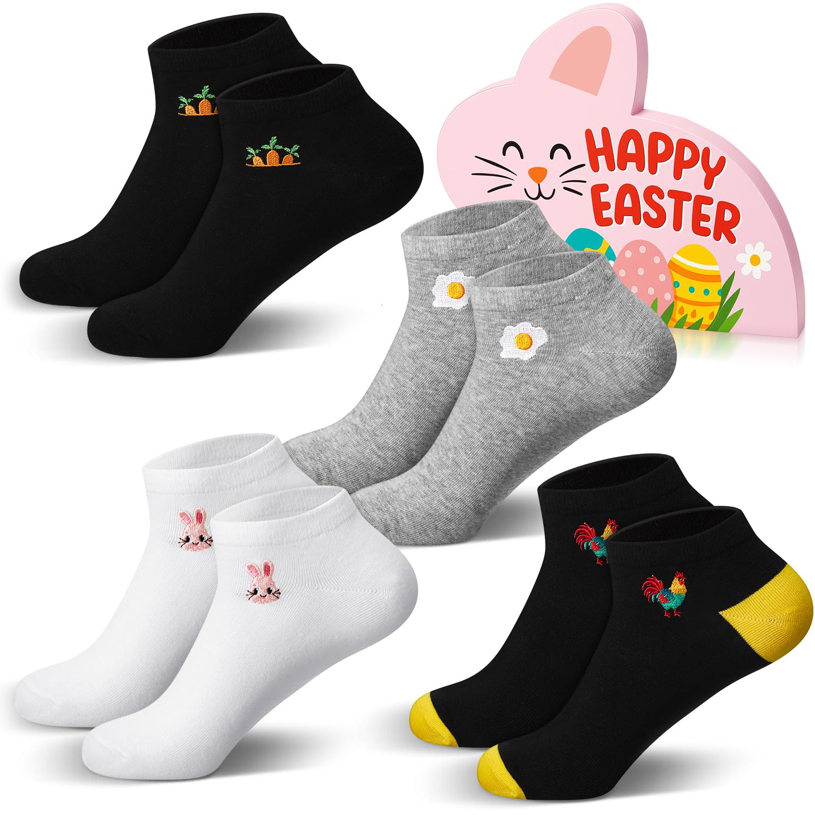Maitys 4 Paare Ostersocken mit Box Ostern Geschenke für Damen Herren 36-42 Osterhasen Socken Lustige Socken mit Motive Ostereier Küken Karotte Hahn Spiegelei (Kurz Stickerei, Spiegelei Henne Hase)