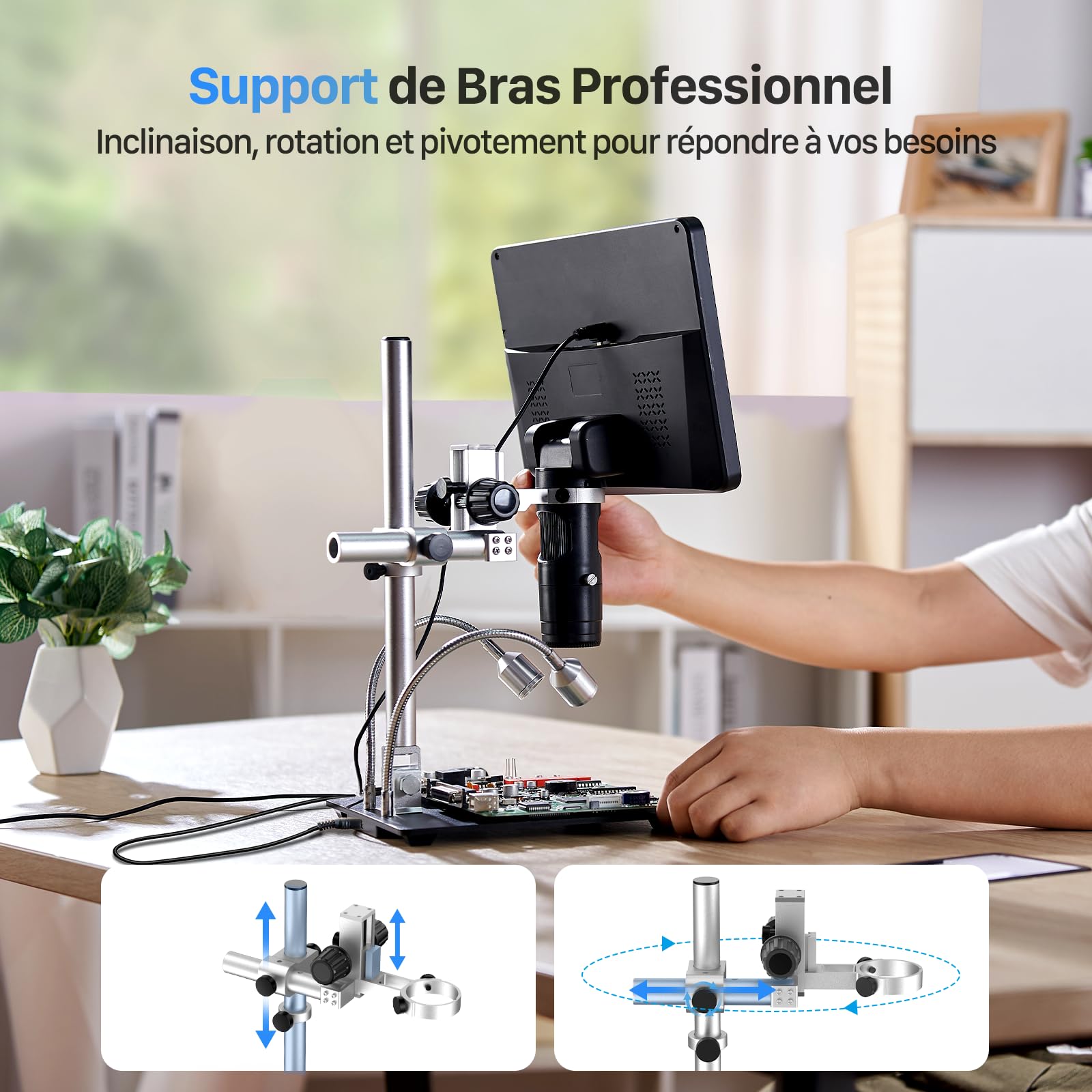 TOMLOV DM602 Pro Microscope numérique HDMI Trois lentilles, Microscope soudé LCD 10,1" avec éclairage annulaire, écran IPS, Cadeaux pour Adultes, Carte 64GB, Support 10", Compatible Windows/Mac