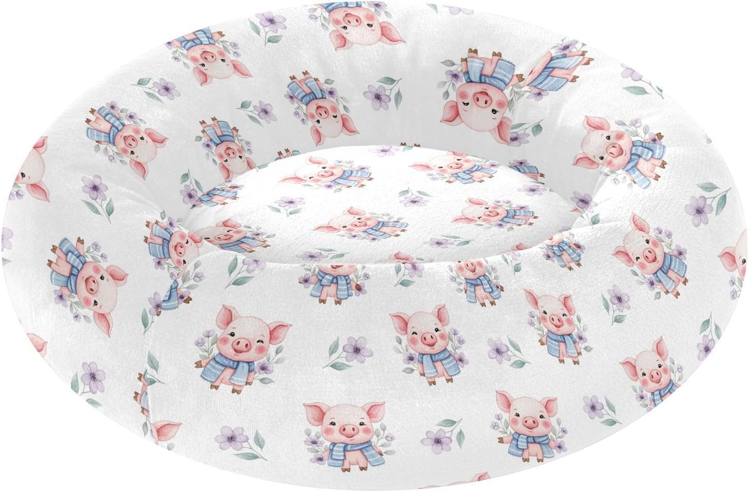 Floral Pig White Pattern Dog Bed Round Donut Washable Puppy Cat Bed Small Pet Medium Dog Beds Mat for Pets Supplies with Washable Cover,M