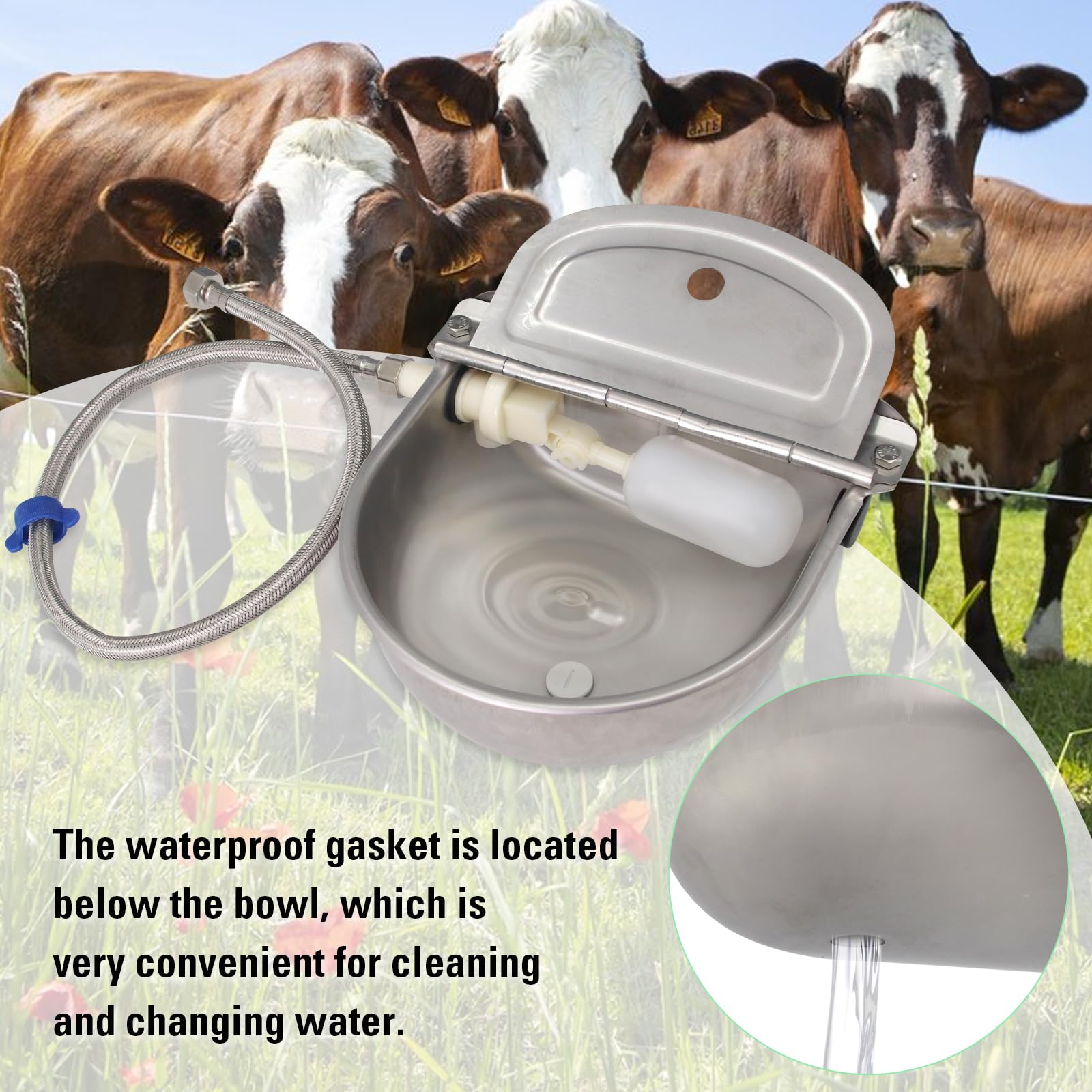 Tazón de agua de acero inoxidable 304 para ganado, cuencos para beber animales, cuencos de asignación automática con válvula flotante y agujeros de drenaje, adecuado para vacas, caballos, cabras,