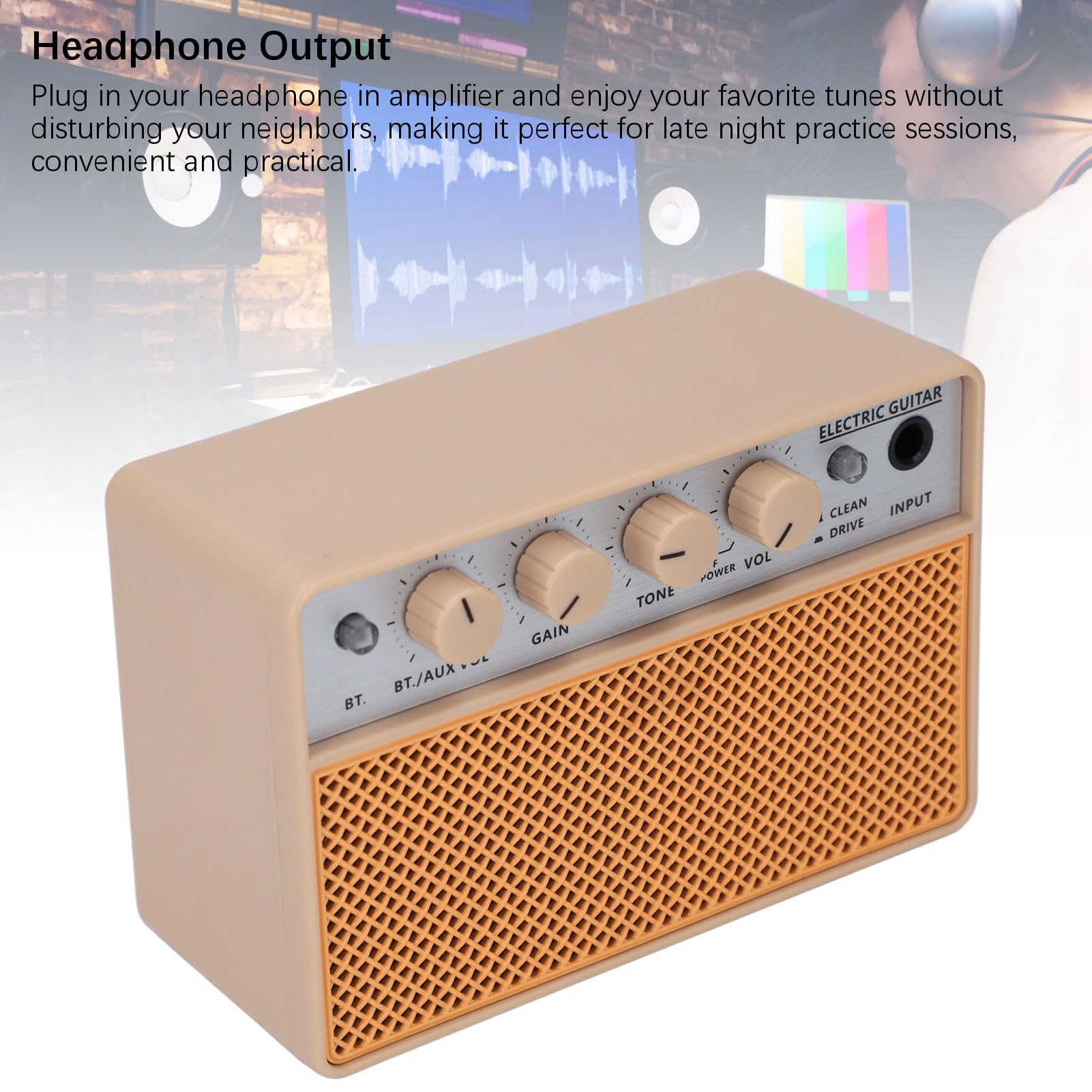 10W Mini-Bass Verstärker, Wiederauf Ladbarer E-Gitarren Verstärker mit 2x5W Lautsprechern, Clean & Drive-Kanälen, 4H Spielzeit, BT/Aux-Eingänge, Kopfhörer Buchse, für den Innen