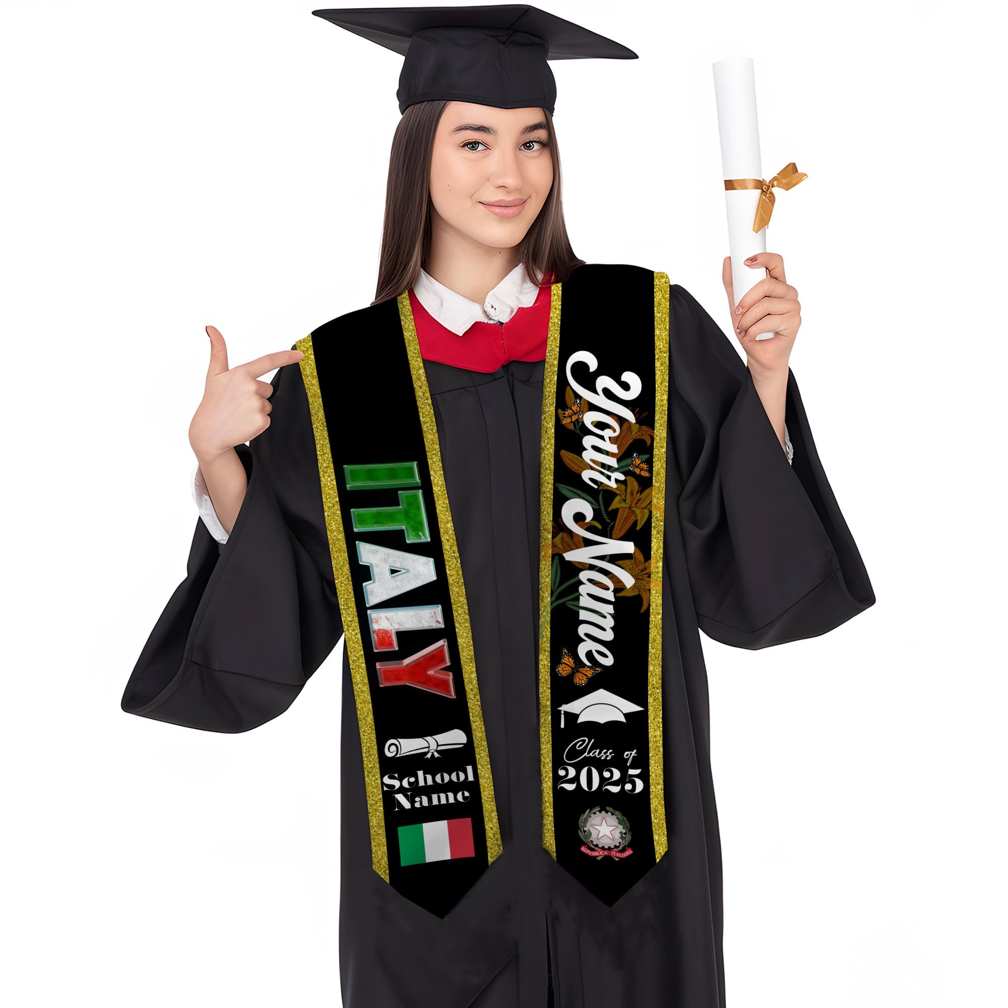 MonkeyVan Personalized Italy Flag Graduation Stole Sash 2025, Italians American Flag Graduation Sash For International Student Itl 4