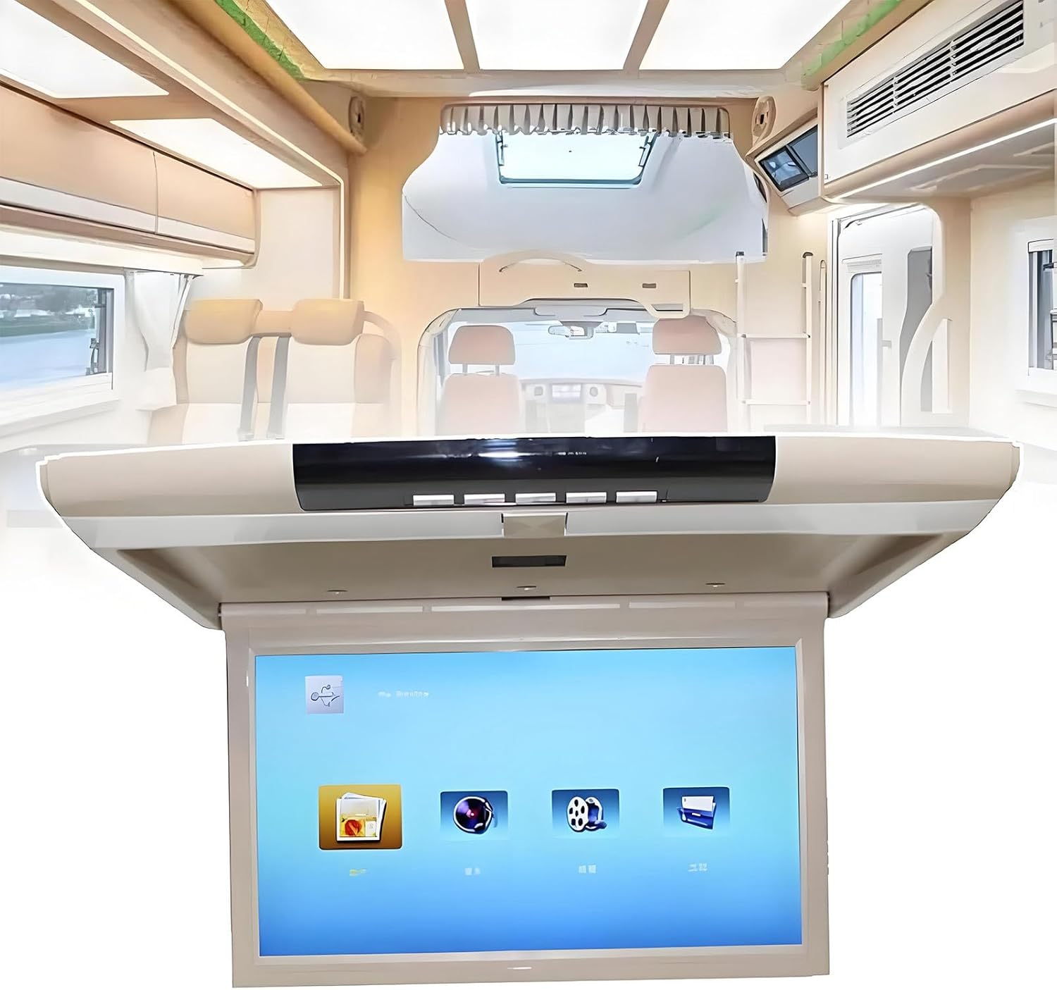 17.3 Inch Car Monitor HD LCD Screen,Mp5 Video Player Car Roof Mount Display Multimedia Ceiling TV Mirror Link Fm Ir Speaker Beige (Beige)