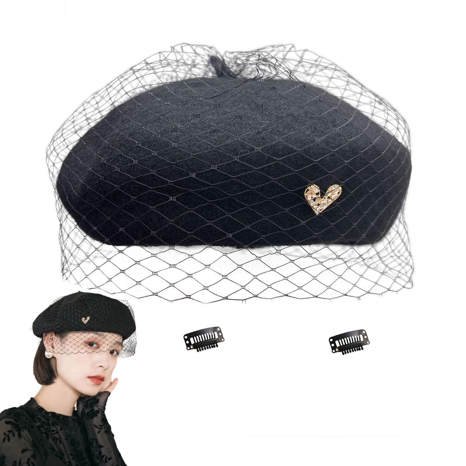huablo French Berets Hat with Veil Premium Cashmere Beret Elegant Church Wool Hat for Women Solid Artist Hat