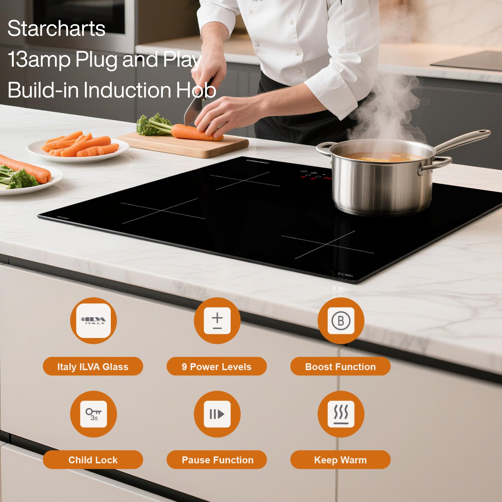 STARCHARTS Plug in Electric Induction Hob with Italian ILVA Glass, 13amp Plug and Play, Built in 4 Zone Plug in Cooktops 3000W, Boost, Pause, Keep Warm, Child Lock, Matte Black, Fine Deco Style — view 6