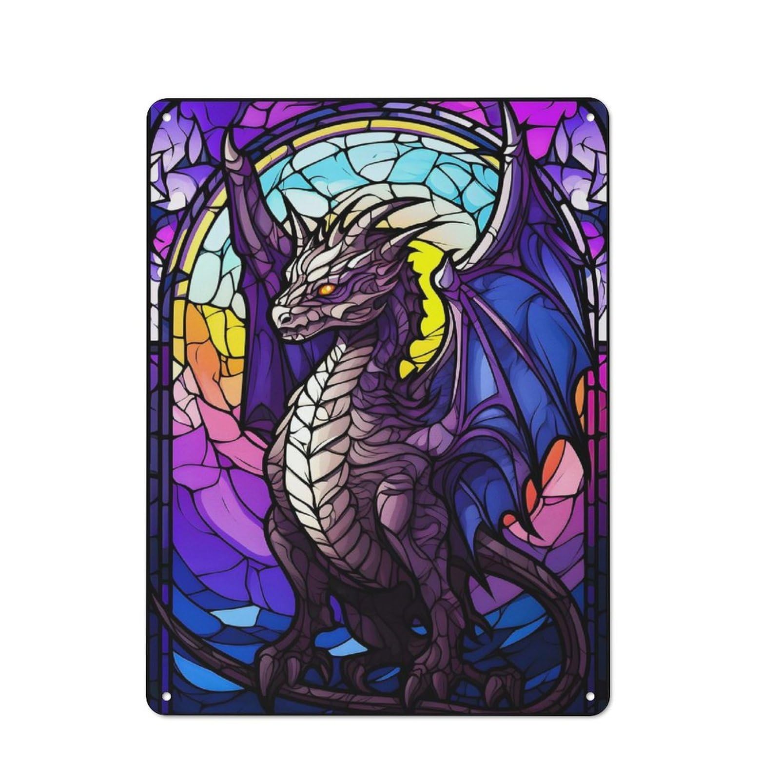 Junmoney Dragon Vibant Stained Glas Metal Sign 40X30cm, Retro Bar Wall Plaque For Bar, Kitchen, Garage Or Games Room, For Casual British Interiors