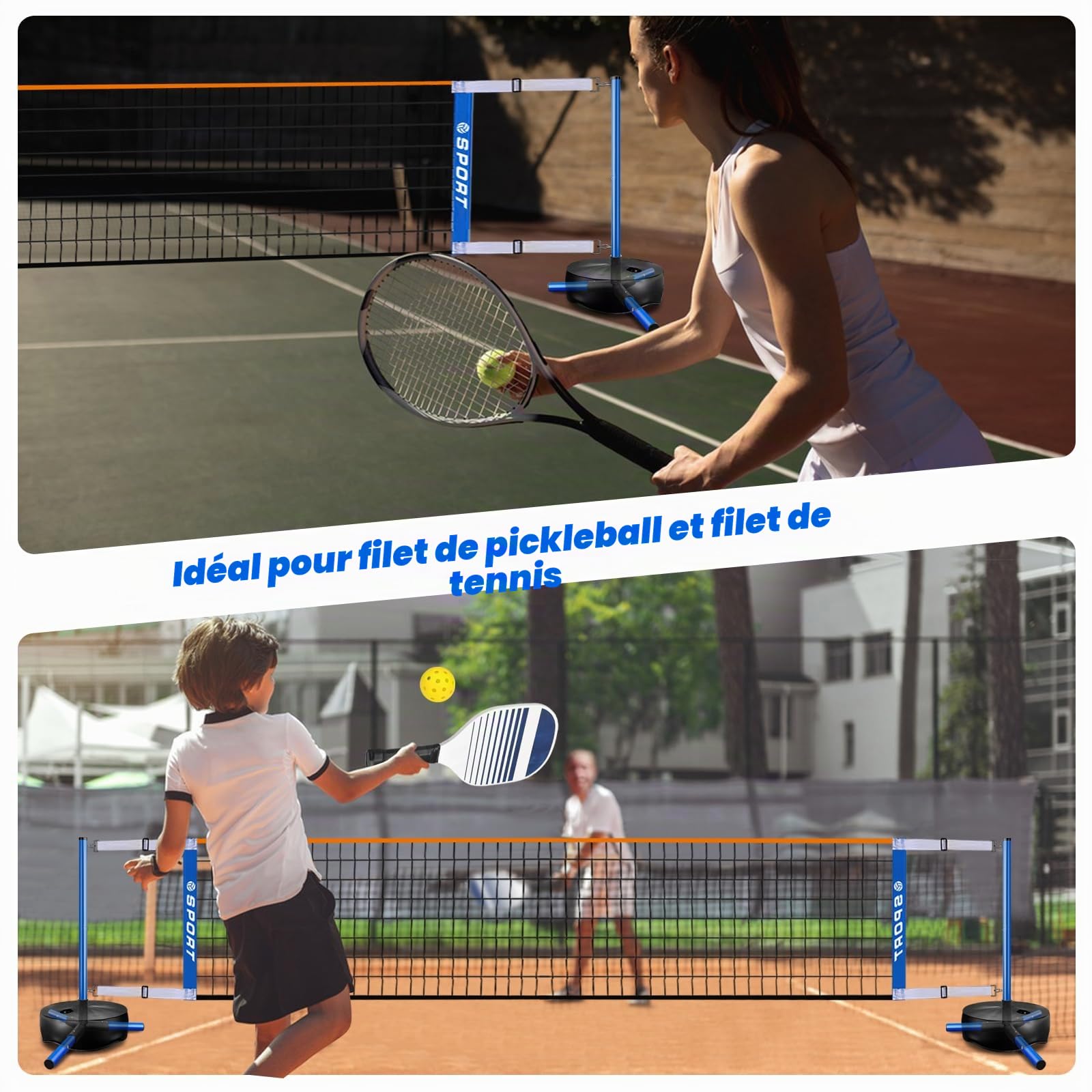 Filet de volleyball de piscine portable intérieur/extérieur avec 2 balles, base robuste, réglable 4,5-7,6 m