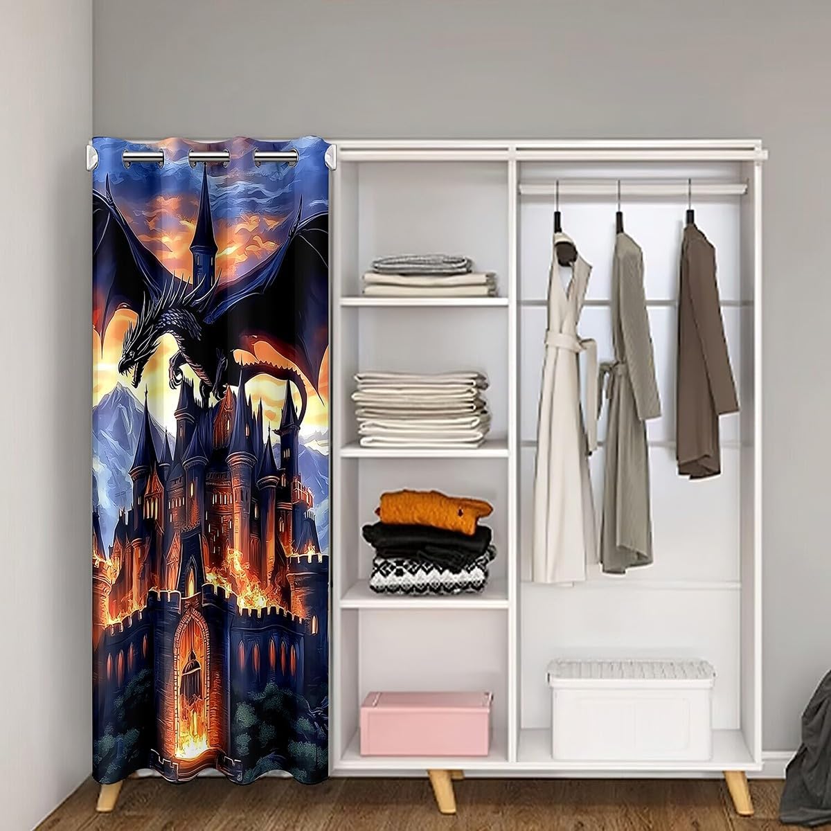 Flying Dragon Door Curtain Vintage Princess Castle Blackout Curtain Western Fantasy Fairy Tale Doorway Curtain for Kids Teens Adults Burning Flame Door Drape Tapestry for Hallway 42" W X 84" L