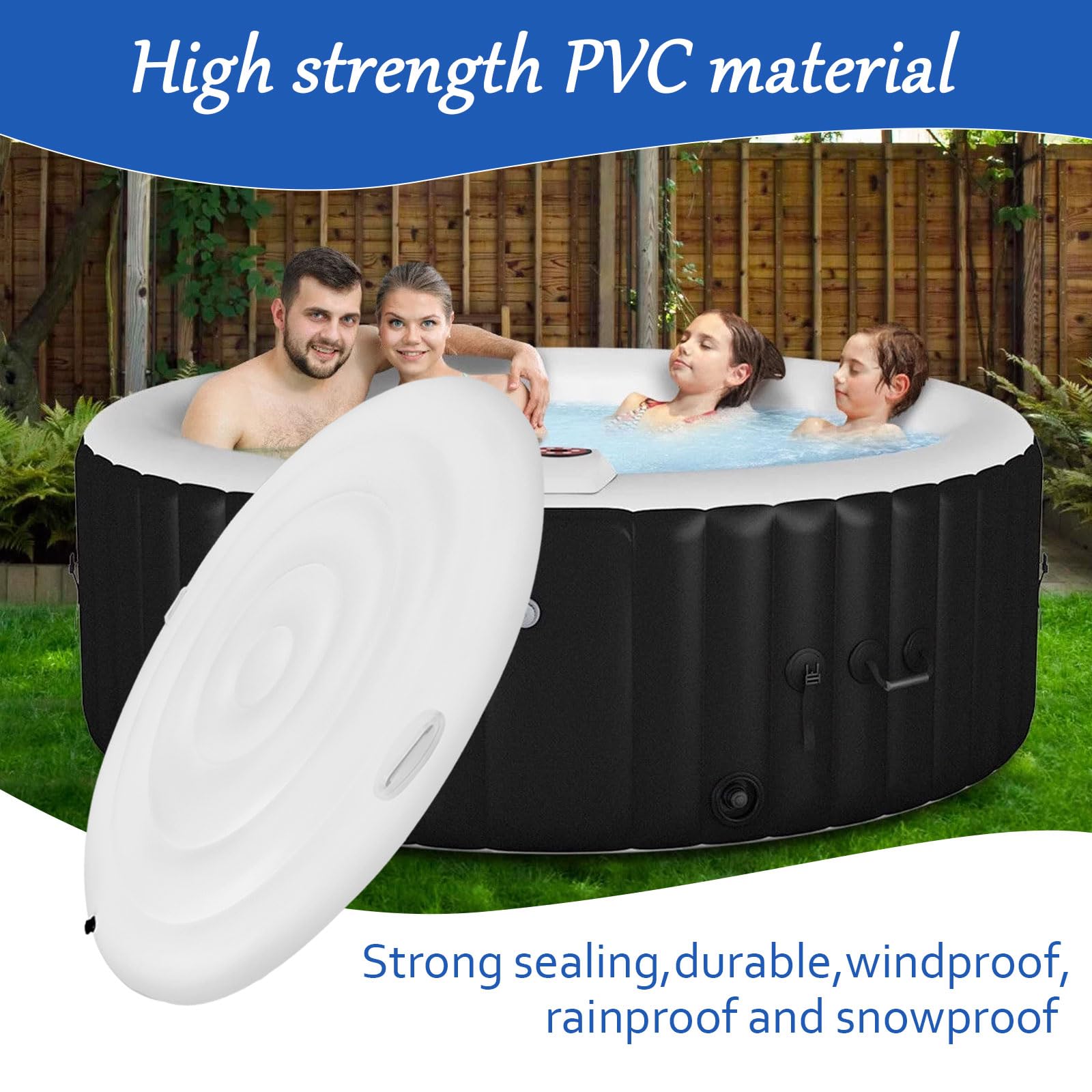 Okrągła, nadmuchiwana pokrywka do spa z uchwytami, pokrywka spa z zaworem do szybkiego i łatwego nadmuchiwania i spuszczania, odporna na deszcz, śnieg (160 cm, biała)