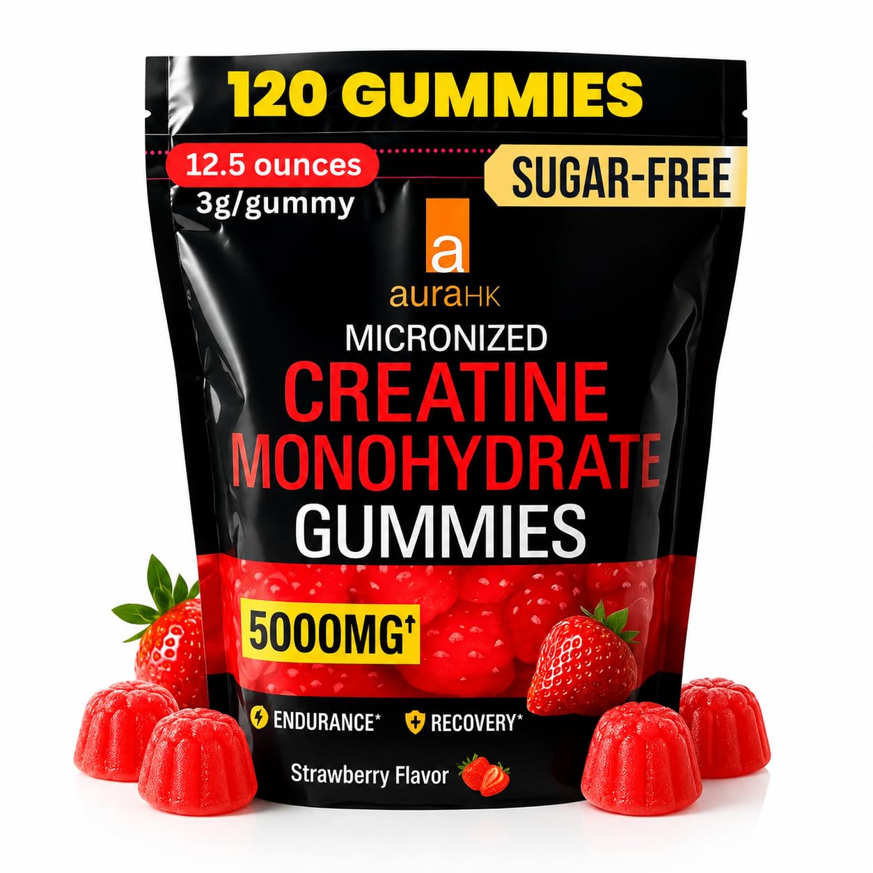 aura HK Gomas de creatina monohidratada 5000 mg com cúrcuma e pimenta-preta, sabor morango, 120 gomas