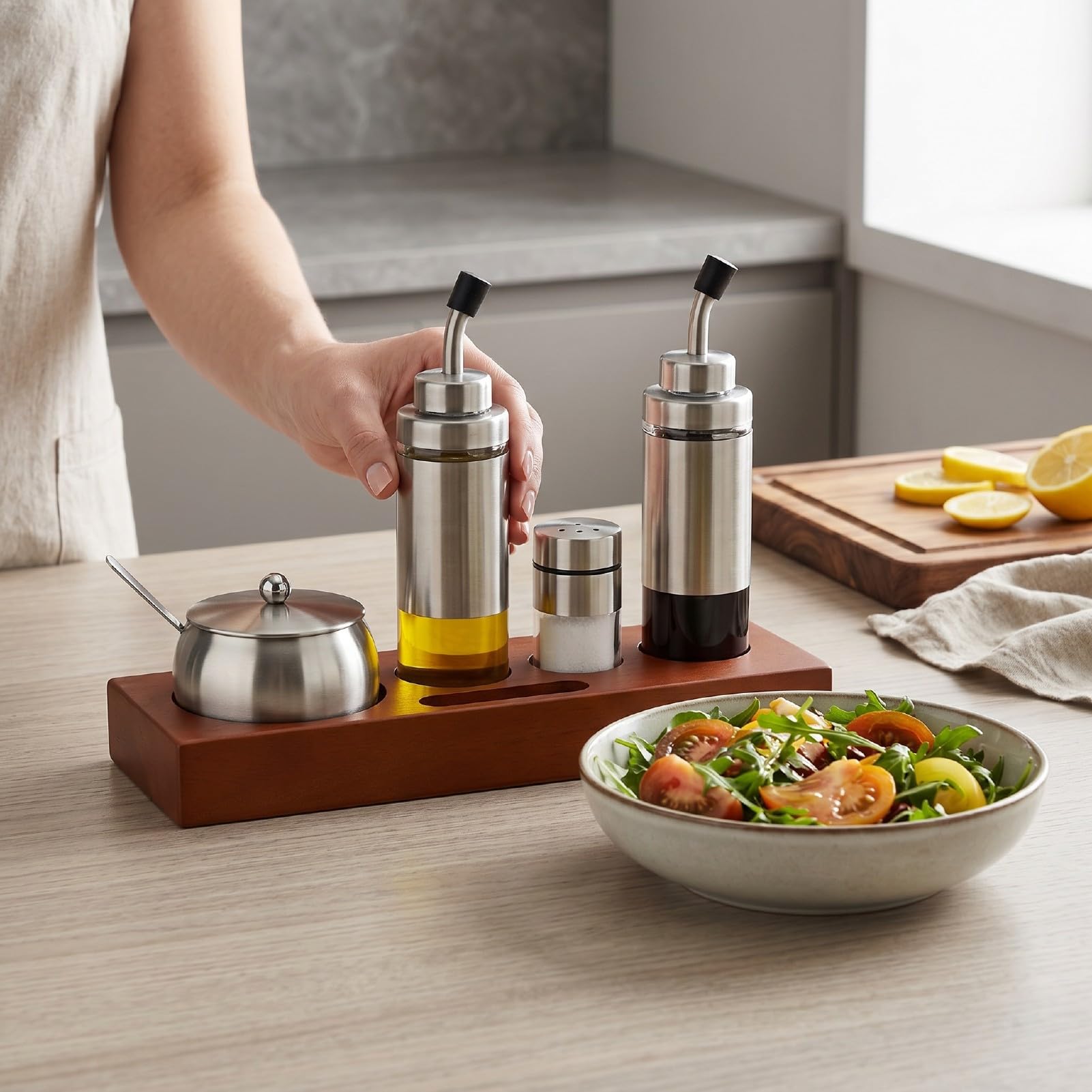 Fockety Salero, Botellas de Condimento con Base de Madera de Roble con Sello Hermético, Azucarero en Polvo con Dispensador de Acero Inoxidable para Sal, Azúcar, Vinagre, Cocina, Mesa de Comedor