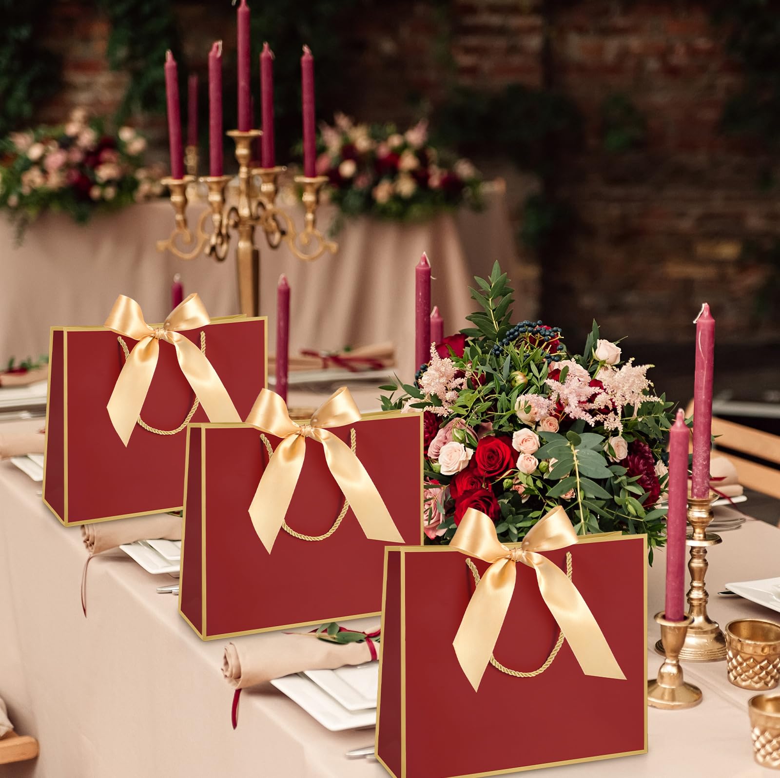 Silkfly 12 Pcs Gift Bags with Handles for Bridesmaid, 12x10x4'' Wedding Welcome Elegant Gift Bags with Bow Ribbon for Graduation Groomsmen Women Baby Shower Birthday Housewarming (Burgundy Red)