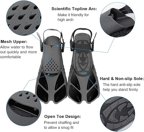 Miniatura 2 de Aletas de esnórquel, aletas de natación con hebillas ajustables, tacón abierto, aletas de buceo para hombres, mujeres, jóvenes, tamaño de viaje,