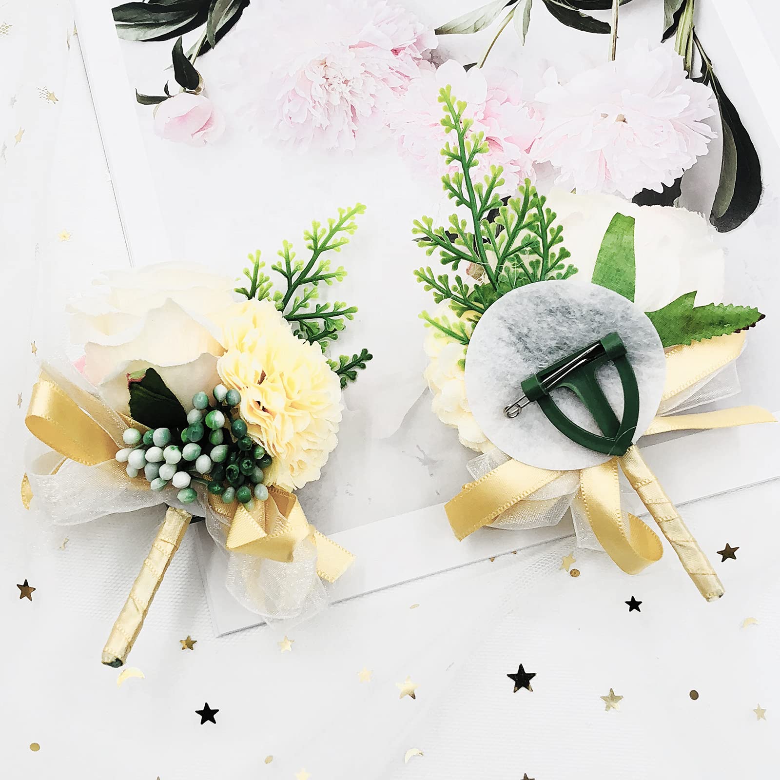 2 Boutonniere Con Fiori Artificiali Per Sposa E Sposo – Accessorio Per Abito Da Matrimonio, Colore Vivace - 3