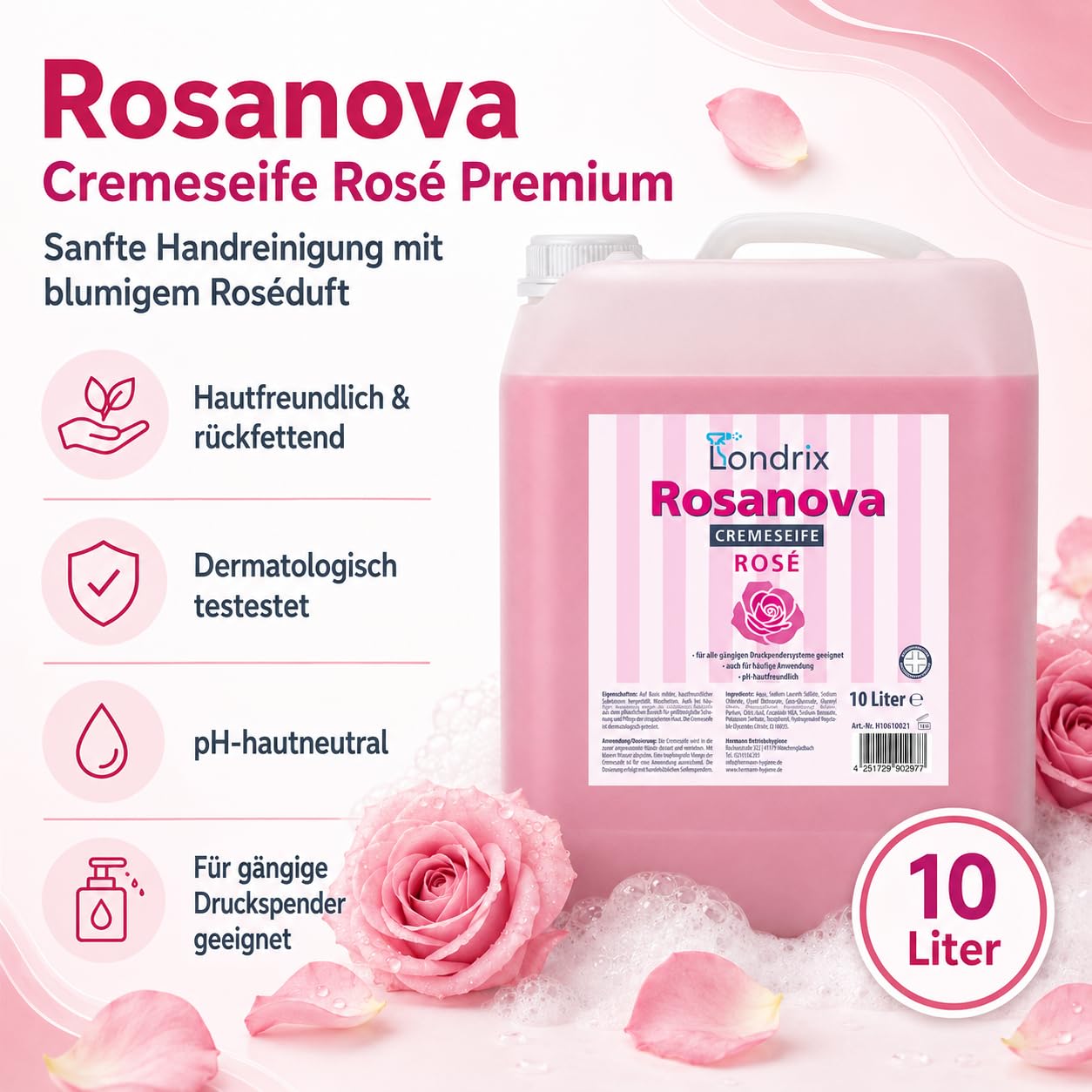 Londrix Rosanova Handseife Rose | 10 Liter Kanister | milde Waschlotion, Rosa Cremeseife & Flüssigseife für Druckspender, pH-neutral, rückfettend, hautfreundlich & dermatologisch getestet