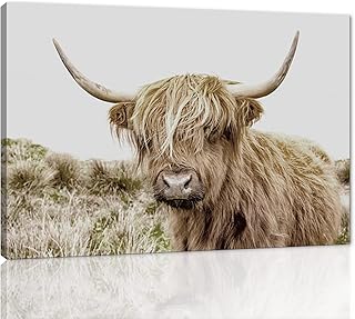Wall Art Modern Canvas Print Poster Alpine Wilderness Background Picture Animal Highland Cow Wall Decoration Art For Living Room Corridor Bathroom Stretch With Framed Ready To Hang - 24"H x 36"W