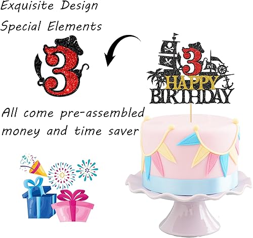 Miniatura 3 de Maicaiffe Decoración para tarta de cumpleaños de 3er cumpleaños, barco pirata náutico de vela pirata, decoración de fiesta de cumpleaños infantil