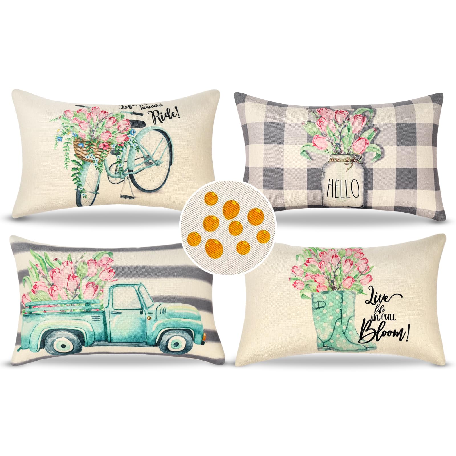 Waterproof Cushion Covers 30 x 50 cm Flowers Cushion Covers Spring Decorative Sofa Pillow Covers Square Linen Cushion Covers Set of 4 for Outdoor Garden Bench Outdoor