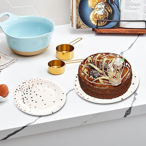 Miniatura 5 de 310 piezas de papel de oro rosa para fiestas juego de vajilla desechables con puntos de oro rosa 50 platos de cena 50 platos de postre 50 tazas 50