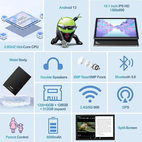 Miniatura 3 de Tableta Android 13 de 10 pulgadas con teclado, 12 GB de RAM, 128 GB de ROM de 512 GB, expansión Octa-Core, WiFi 5G2.4G, pantalla IPS HD, Tablet PC
