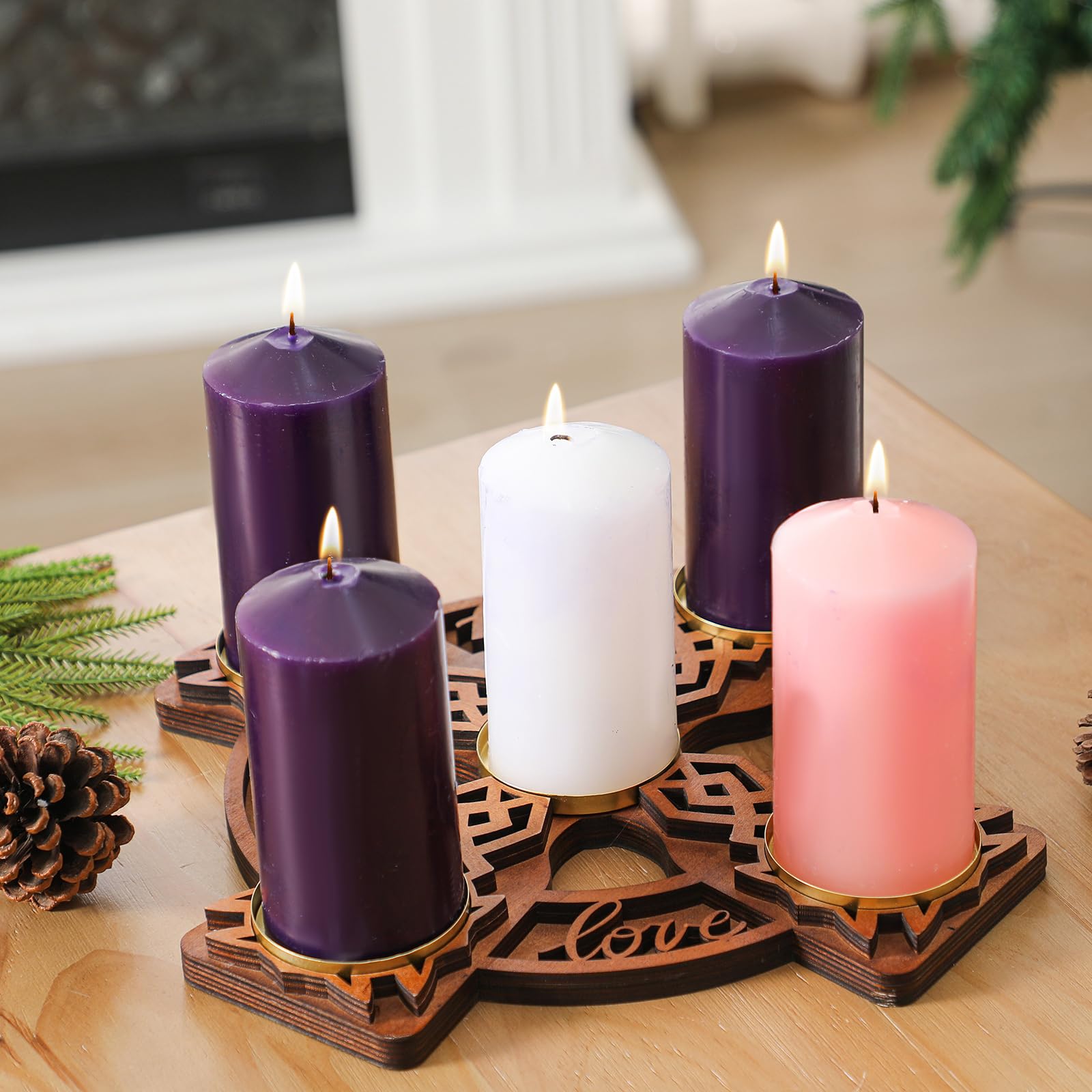 Roowest Portacandele in legno con nodo celtico per la tavola di Natale, centrotavola, decorazione religiosa (candele non incluse)