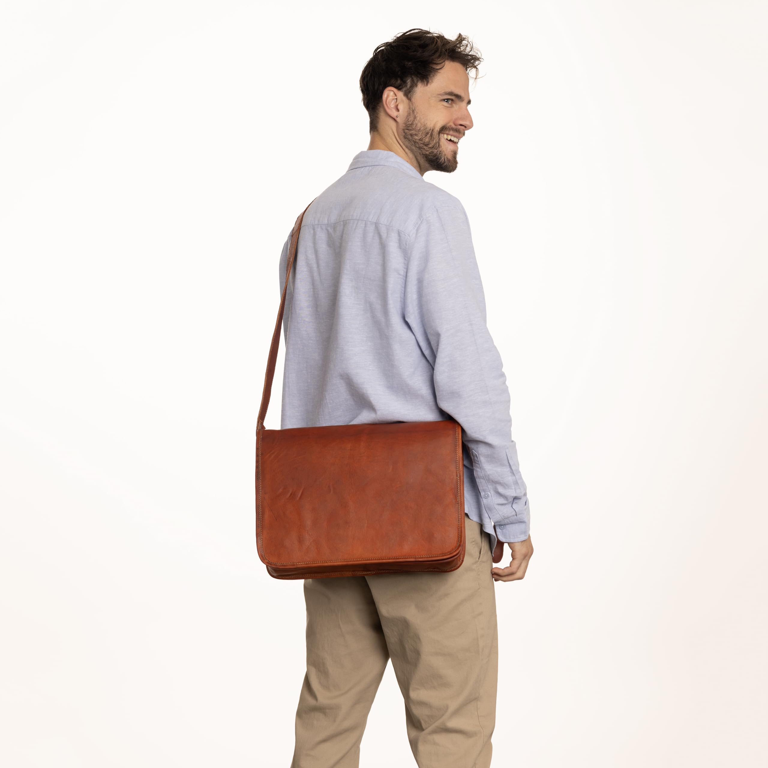 Gusti Umhängetasche Leder - Taylor 15'' Damen und Herren Umhängetasche Collegetasche Businesstasche Messengerbag Vintage Braun Leder