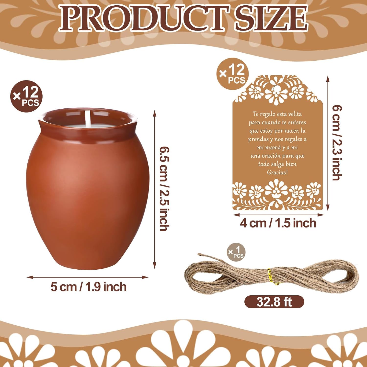 12 Set Cielito Lindo Party Decorations Baby Shower Candles Terracotta Mexican Recuerdos DIY Jar Candles with Gift Tags and Rope for Baby Shower Birthday Cinco De Mayo Fiesta (Brown)