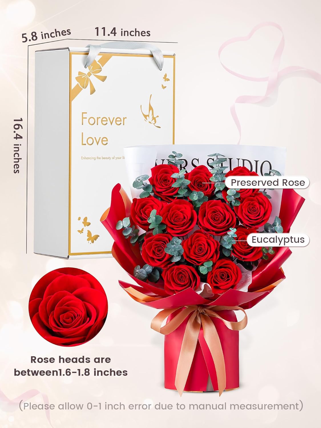 Flower Bouquet 12-Piece Red Preserved Roses Bouquet with Led Lights Gift for Women Wife Mother Day Wedding Anniversary Birthday (Red)