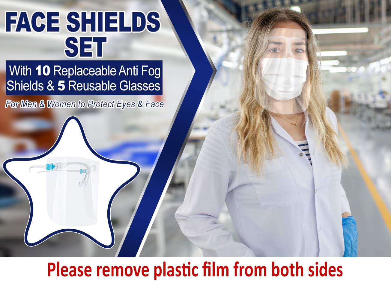 Face Shields Reusable, Set Includes 10 Replaceable Anti Fog Shields and 5 Reusable Glasses to Protect Eyes and Face