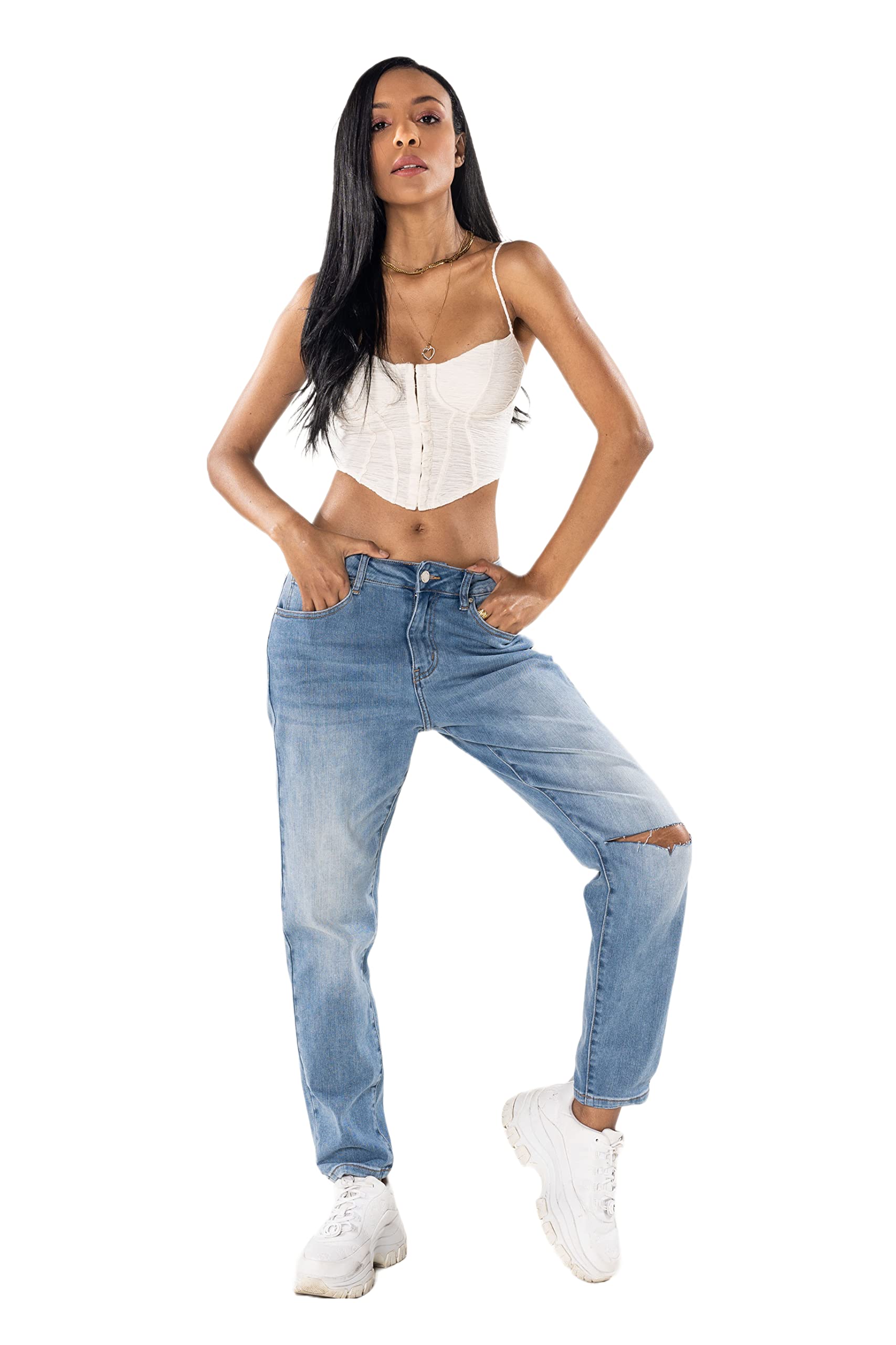 Nina Carter Damen Boyfriend Jeanshosen High Waist MOM Jeans Cutted Knee Used-Look Waschungseffekt