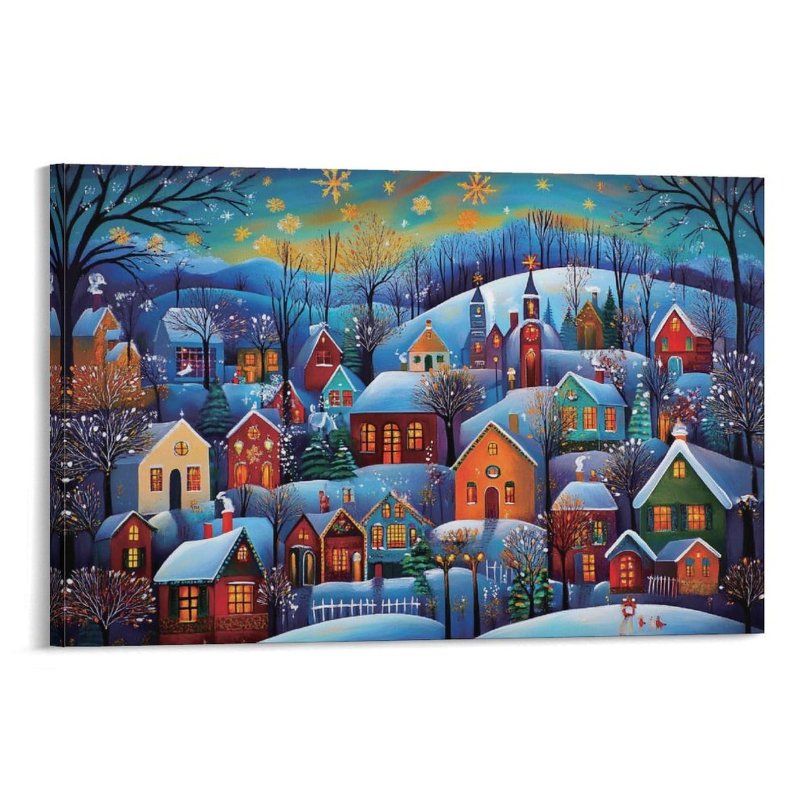 CPLVKWRQJ Winter Village Scene Individual Cozy Winter Village Painting Canvas Wall Art - Office Canvas Print Fade Resistant Wall Focal Art Ready to Hang 08x12inch(20x30cm)