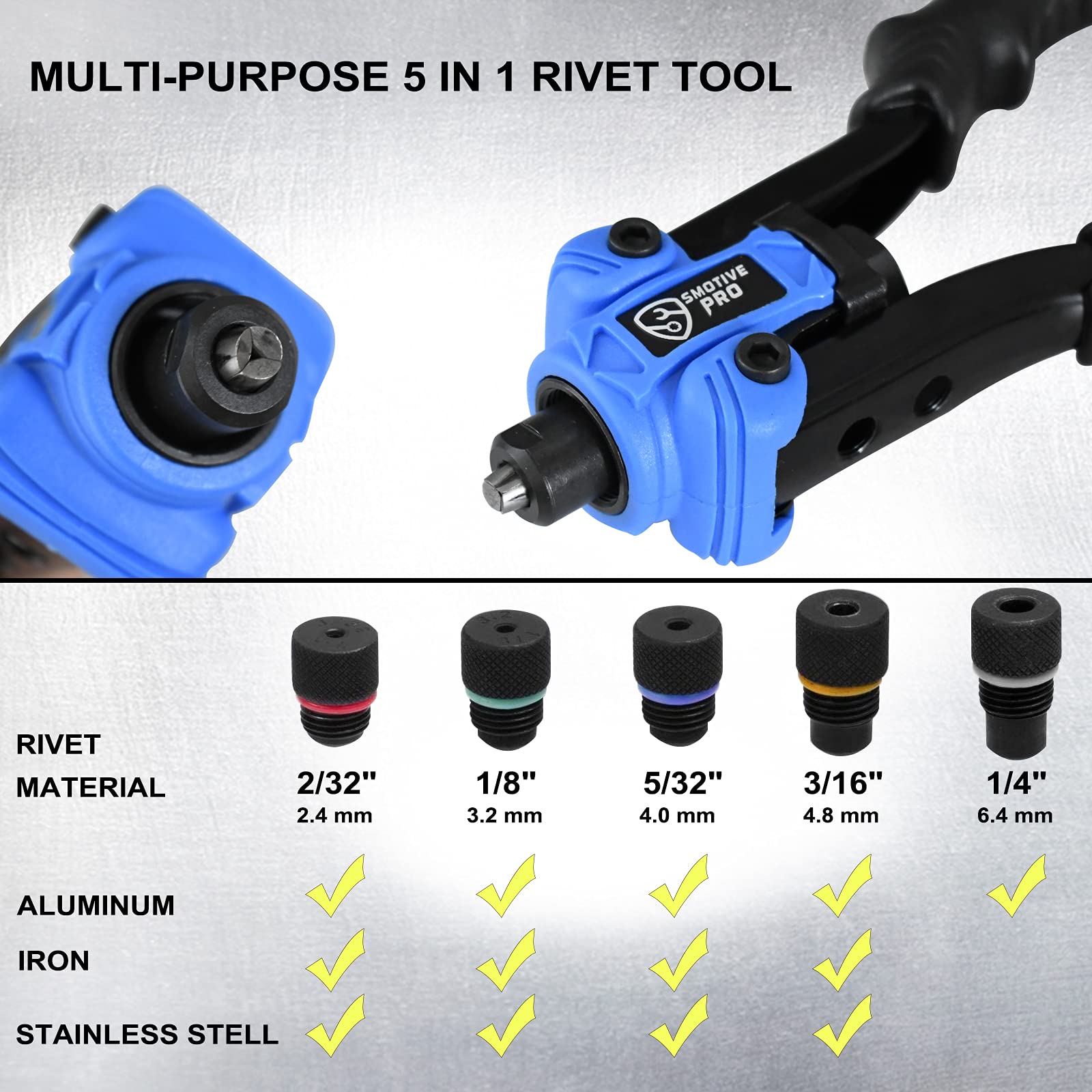 SMOTIVEPRO 5In1 Hand Rivet Gun Set, 10Inch Pop Rivet Gun Heavy Duty