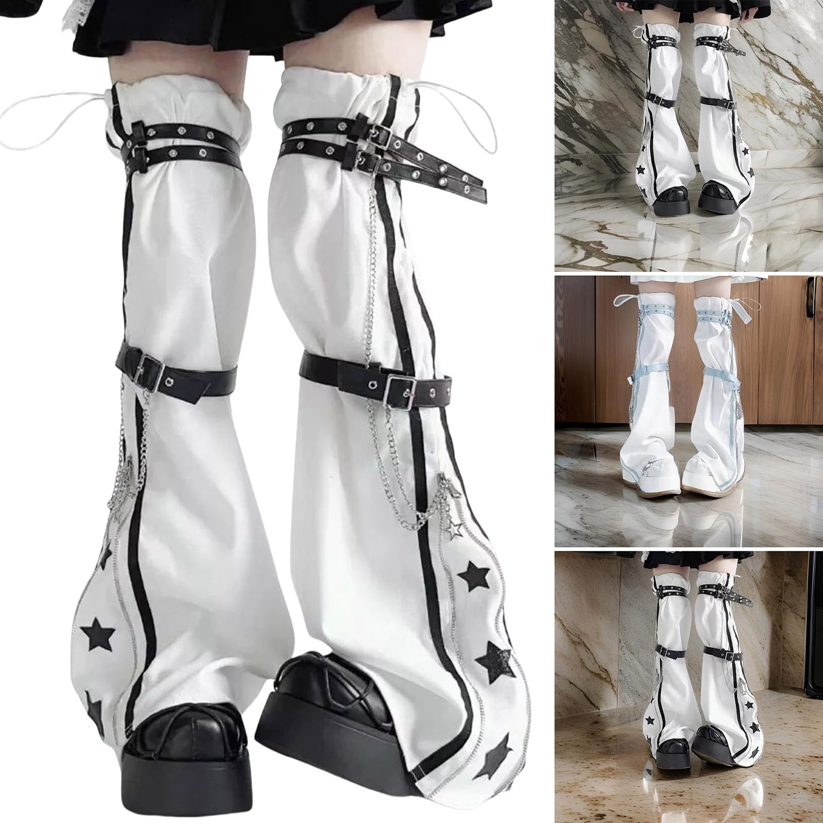 Estética impresión de estrellas con cremallera, puños acampanados para mujer, punk japonés, arnés de PU, calentadores de piernas hasta el muslo, longitud ajustable, puños para botas