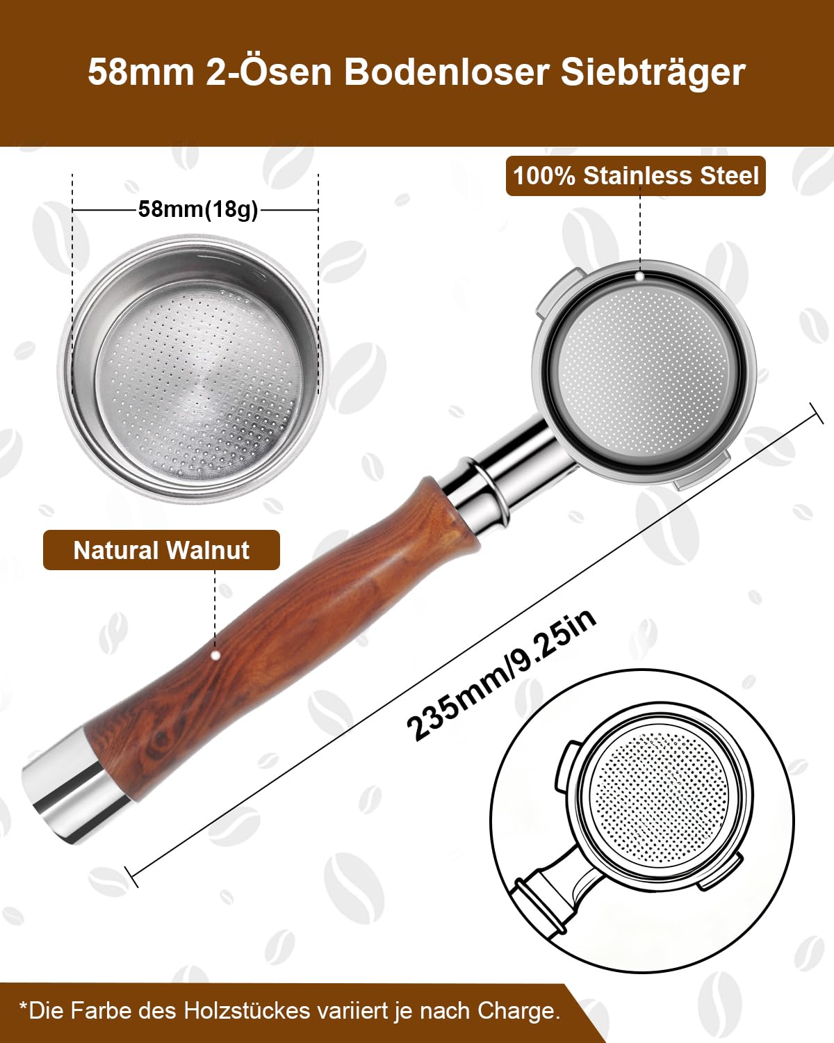 KOFIKOFI Portafiltro sin fondo de 58 mm, 2 orejas para E61, Flair 58, ECM, Rocket, cafetera expreso VBM con cesta de filtro de acero inoxidable, colador, madera natural