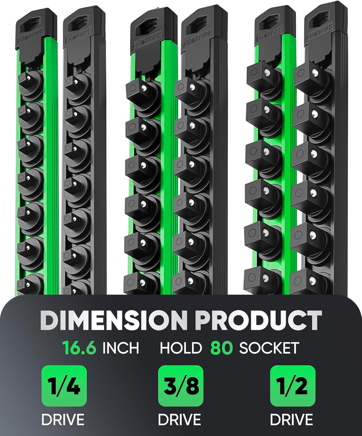 ALOANES Magnetic Socket Organizer Set, 6PC Heavy Duty Aluminum Socket Holder Organizer, 360° Swivel Clips Socket Holder Kit for Toolbox Drawer Fit 1/2, 3/8, 1/4-Inch x 80 Clips (Green&Black, 6PC)