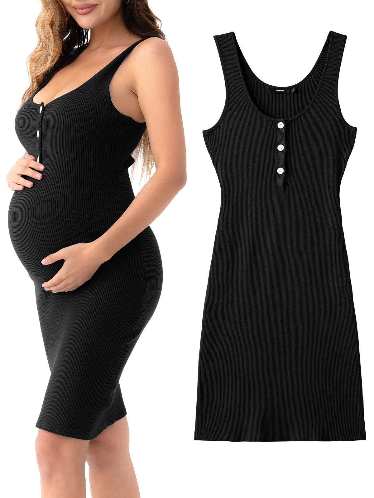 Rnxrbb Striped Button Maternity Dress Summer Bodycon Tank Pregnancy Dresses Sleeveless Clothes Ribbed Knit