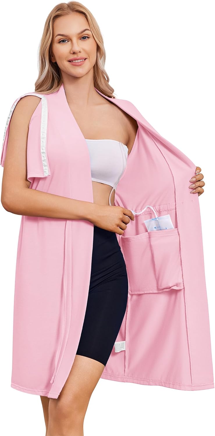 Deyeek Women's Post Surgery Mastectomy Robe with 4 Internal Drain Pockets Short Sleeve Adaptive Nightgowns Pajama Dress Shirt