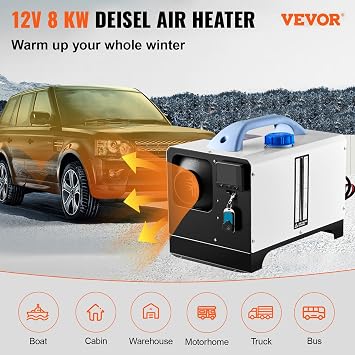 VEVOR Diesel Heater, 12V All-in-one Diesel Air Heater with Remote Control and LCD Display, 5L Fuel Tank Fast Heating Portable Diesel Parking Heater for RV, Truck, 8KW, Basic, White