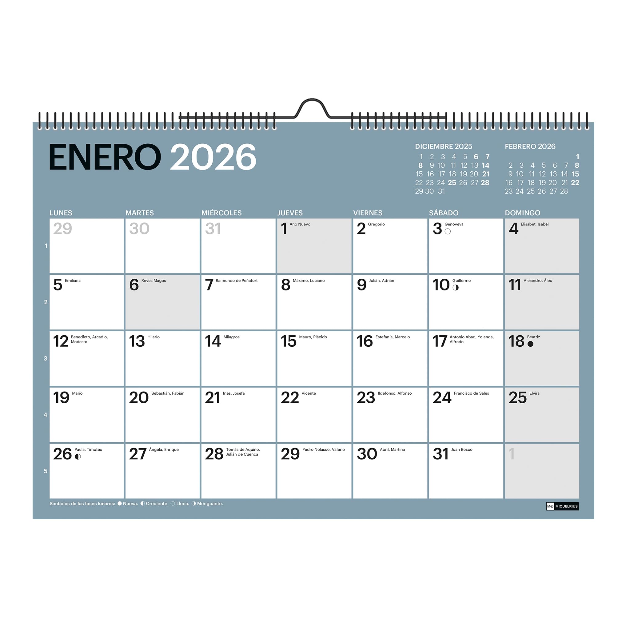 Miquelrius - 2026 Chromat Wall Calendar, A4 Yearly Organizer: 296 x 210 mm, Note Space, Double Spiral Binding, 9 Interior Colours, 12 Month Planner, Spanish