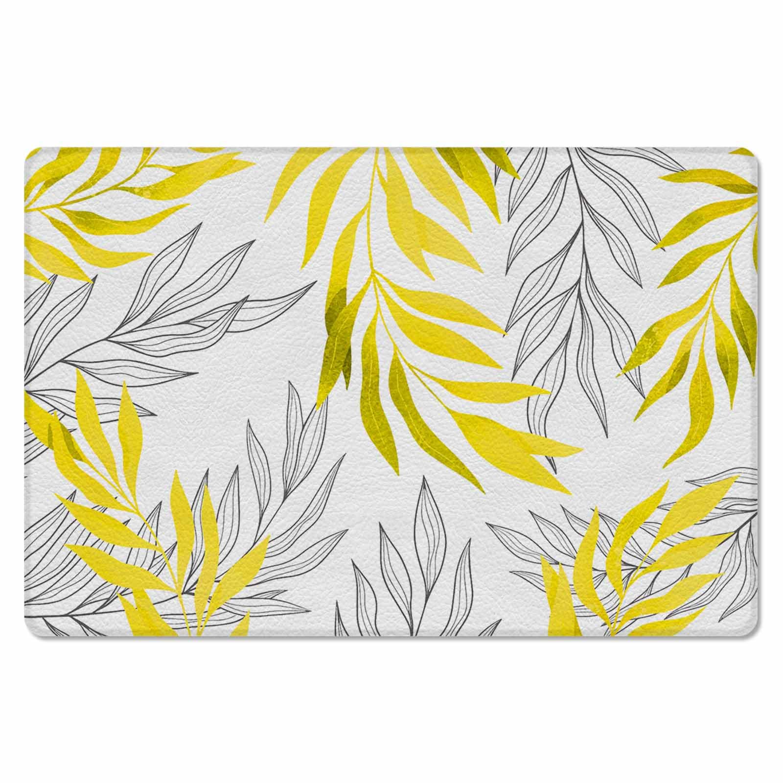 Yellow Leaves Kitchen Bath Door Mat Cushioned Runner Rug,Washable Welcome Floor Sink Antifatigue Mat,Waterproof Non-Slip Comfort Standing Doormat,Abstract Minimalist White Middle Century Line 18