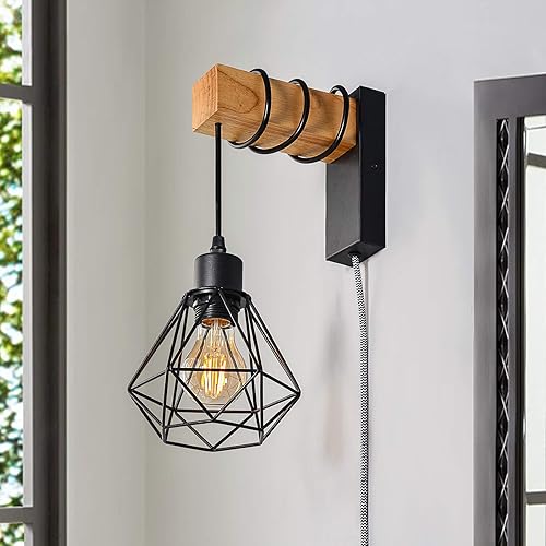 Miniatura 2 de Aplique de pared industrial retro para dormitorio, lámpara de pared colgante de madera con pantalla de jaula, lámpara de pared montada para sala de